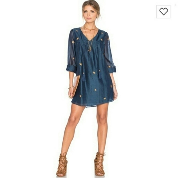 Tularosa Blue Embroidered Gold Star Mini Dress - Picture 2 of 10